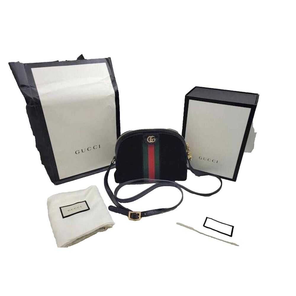 Gucci Ophidia Small Dome Black Suede Crossbody Bag GG Stripe Gold Hardware - Picture 3 of 15